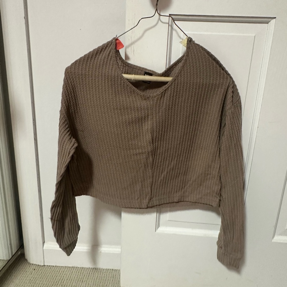 SHEIN Taupe Ribbed Long Sleeve Blouse